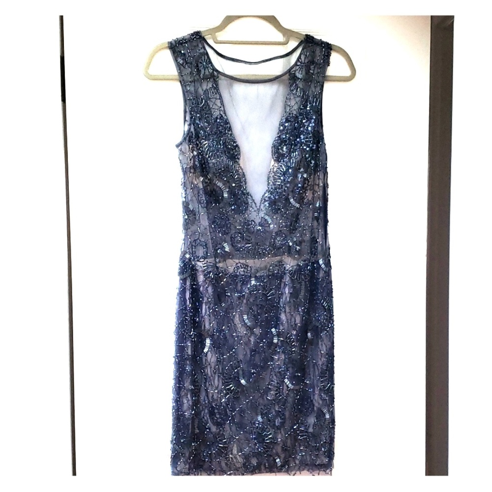Basix black label sheer and beaded navy dress